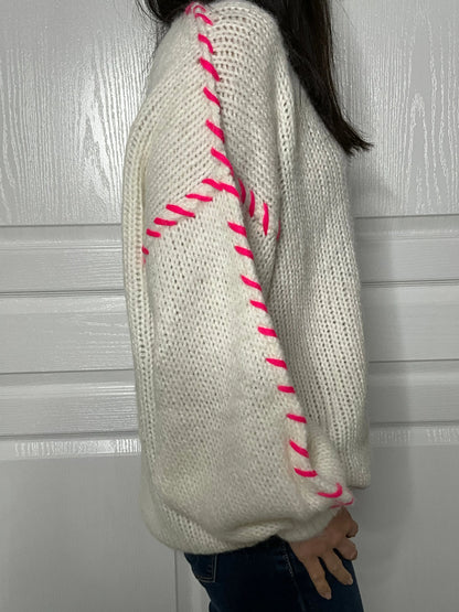 Pull FIONA - Blanc et rose fluo Marguerite