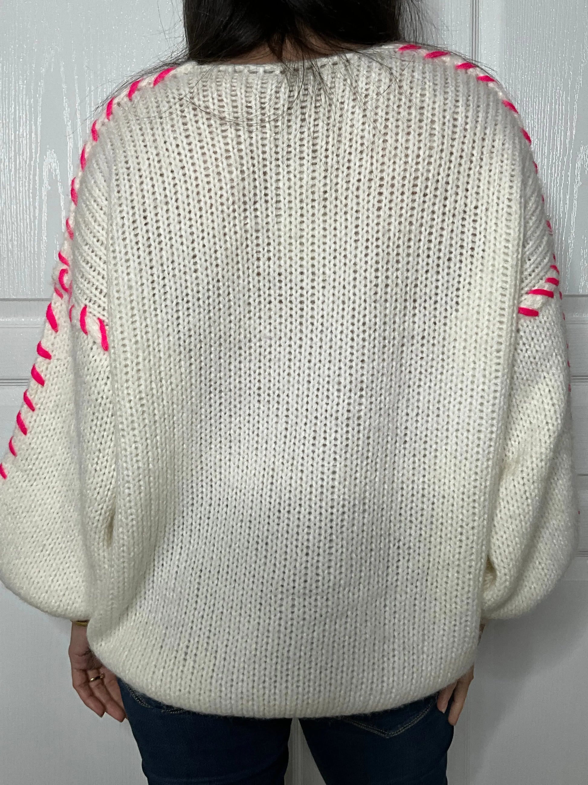 Pull FIONA - Blanc et rose fluo Marguerite