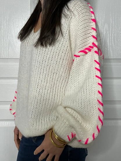 Pull FIONA - Blanc et rose fluo Marguerite