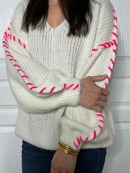 Pull FIONA - Blanc et rose fluo Marguerite