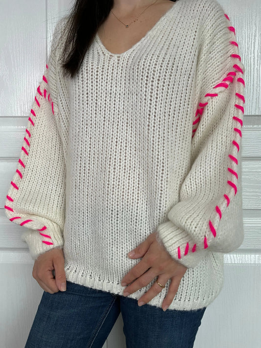 Pull FIONA - Blanc et rose fluo Marguerite