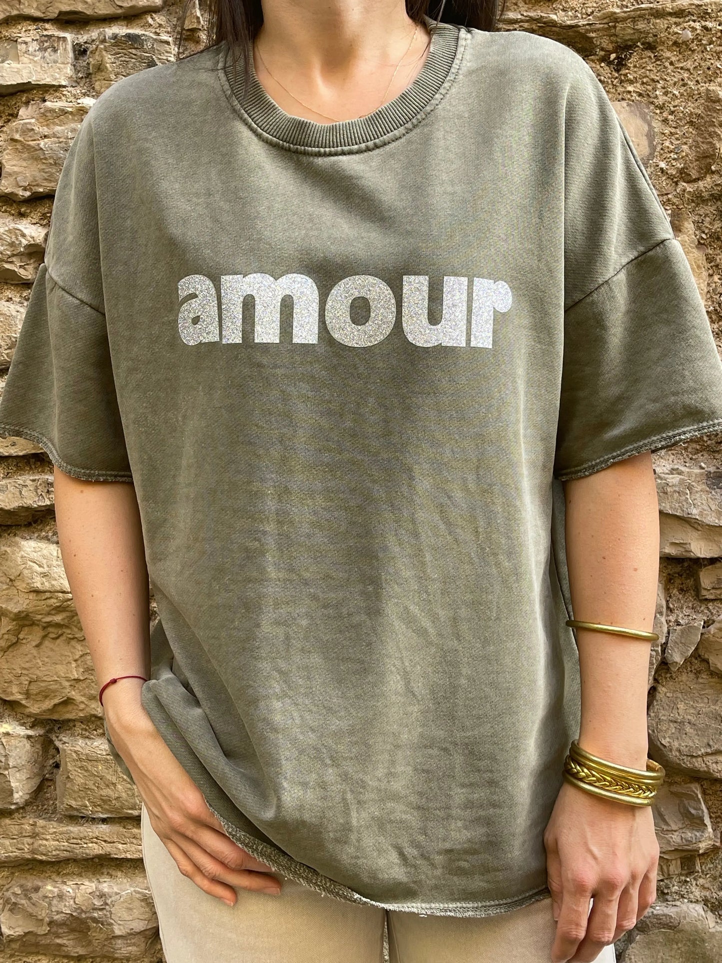 Sweat AMOUR - Kaki délavé Marguerite