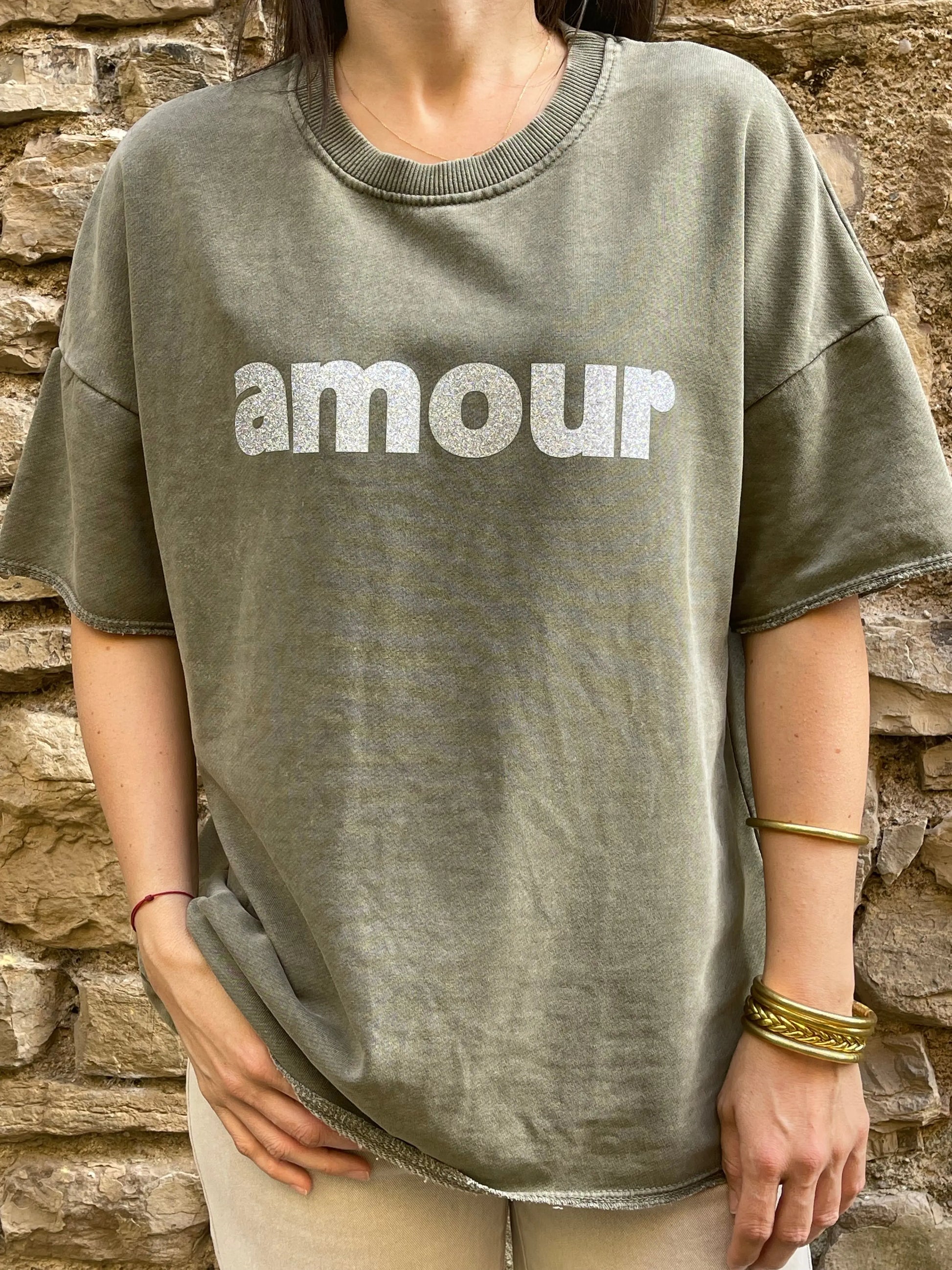 Sweat AMOUR - Kaki délavé Marguerite