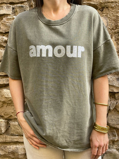 Sweat AMOUR - Kaki délavé Marguerite