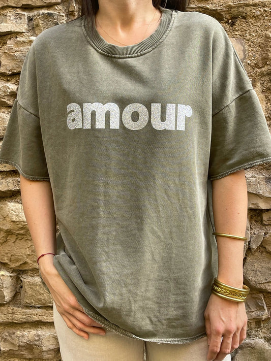 Sweat AMOUR - Kaki délavé Marguerite