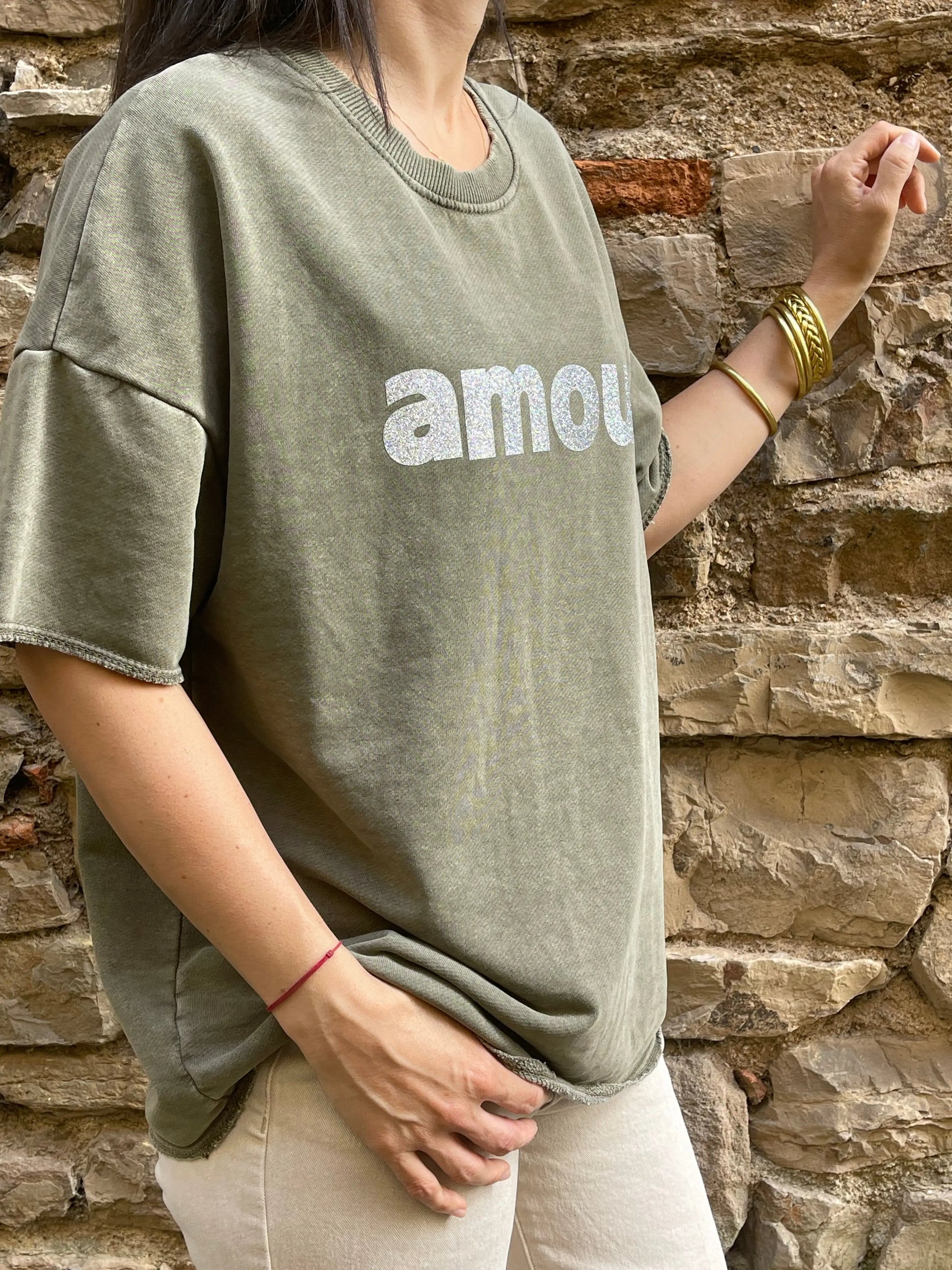 Sweat AMOUR - Kaki délavé Marguerite