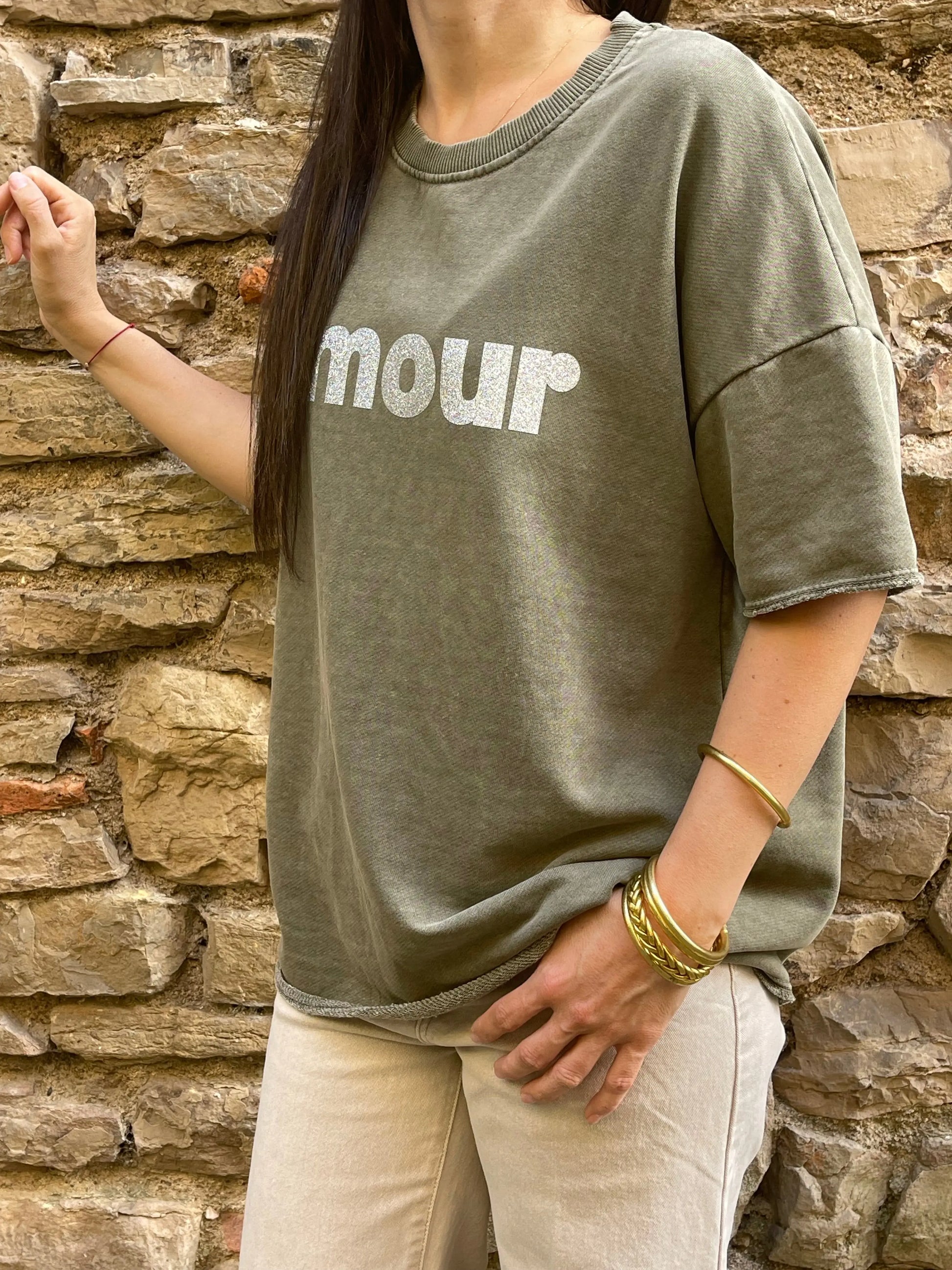 Sweat AMOUR - Kaki délavé Marguerite