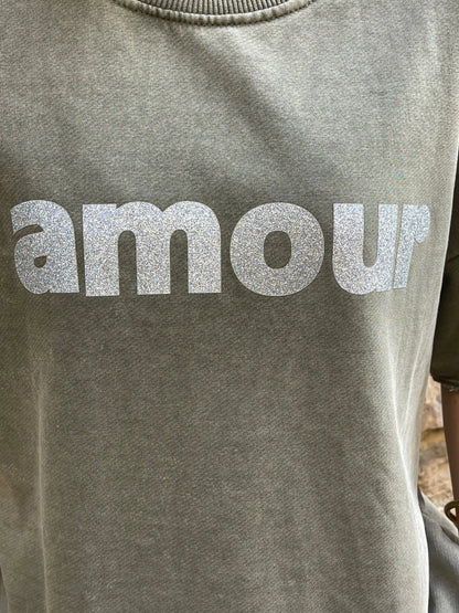 Sweat AMOUR - Kaki délavé Marguerite